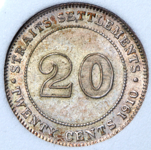 20 центов 1910 (Стрейтс Сетлментс) (в слабе) B