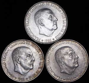 Набор из 3-х сер. монет 100 песет 1966 (Испания)