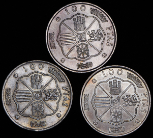 Набор из 3-х сер  монет 100 песет 1966 (Испания)