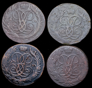 Набор из 16 медных монет 5 копеек 1758-1762 (Елизавета Петровна)