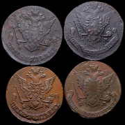 Набор из 4 медных монет 5 копеек 1770-1778 (Екатерина II)