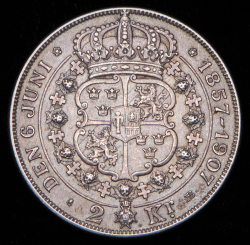 2 кроны 1907 "50 лет свадьбе Короля Оскара II и Леди Софии" (Швеция)