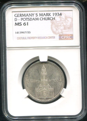 5 марок 1934 (Германия) (в слабе)