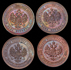 Набор из 4 медных монет Копейка 1913-1916 (Николай II)