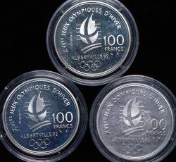 Набор из 9 монет 100 франков 1992 "Зимние олимпийские игры в Альбервиле" (Франция) (в п/у)