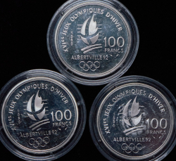 Набор из 9 монет 100 франков 1992 "Зимние олимпийские игры в Альбервиле" (Франция) (в п/у)
