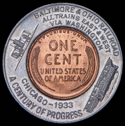 Жетон - 1 цент 1933 года "Железная дорога Балтимор - Огайо. 100 летие прогресса" (США)