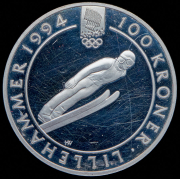 100 крон 1994 "Зимние Олимпийские игры 1992 года в Лиллехаммере: Прыжки с трамплина" (Норвегия)
