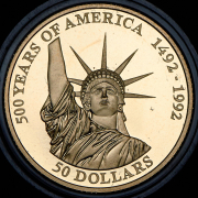 50 долларов 1993 "500 лет открытию Америки - Статуя Свободы" (Острова Кука)