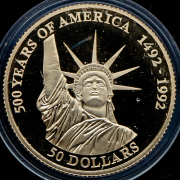 50 долларов 1993 "500 лет открытию Америки - Статуя Свободы" (Острова Кука)