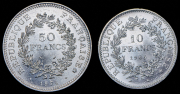 Набор из 2 сер. монет 10, 50 франков 1965, 1974 (Франция)
