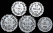 Набор из 5 сер. монет пенни 1915-1917 (Финляндия)