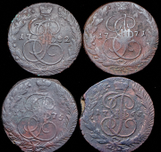 Набор из 10 медных монет 5 копеек 1763-1788