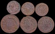 Набор из 6 медных монет 1 и 2 копейки 1757-1761