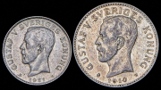 Набор из 2 сер. монет 1, 2 кроны 1910-1931 (Швеция)