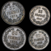 Набор из 4 сер. монет 25, 50 пенни 1916 (Финляндия) S