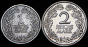Набор из 2 сер. монет 1, 2 марки 1925-1926 (Германия)