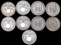 Набор из 9-ти сер. монет 5 марок "Гинденбург" (Германия)