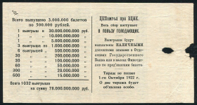 Выигрышный билет "ЦКПомгол при ВЦИК в пользу голодающих" 500000 рублей 1922