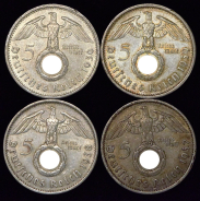 Набор из 4-х сер. монет 5 марок 1936-39 (Германия)