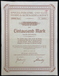 Акция на 1000 марок 1922 "Spiegel industrie und glas handels aktien gesellshaft"