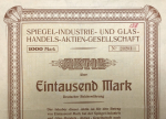 Акция на 1000 марок 1922 "Spiegel industrie und glas handels aktien gesellshaft"