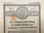 Долговая 5 % расписка  на 10000 марок 1922 "Schuldverschreibung über 10000 Mark der Stadt Mainz" (Германия)