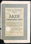 Акция на 1000 марок 1923 "Archiv fur Welthandel Aktiengesellschaft Berlin" (Германия)