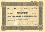 Акция на 1000 марок 1942 "Durener Metallwerke Aktiengesellschaft, Berlin" (Германия)
